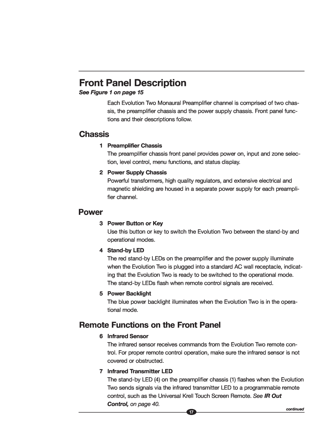 Krell Industries EVOLUTION TWO MONAURAL PREAMPLIFIER manual Front Panel Description, Chassis, Power 