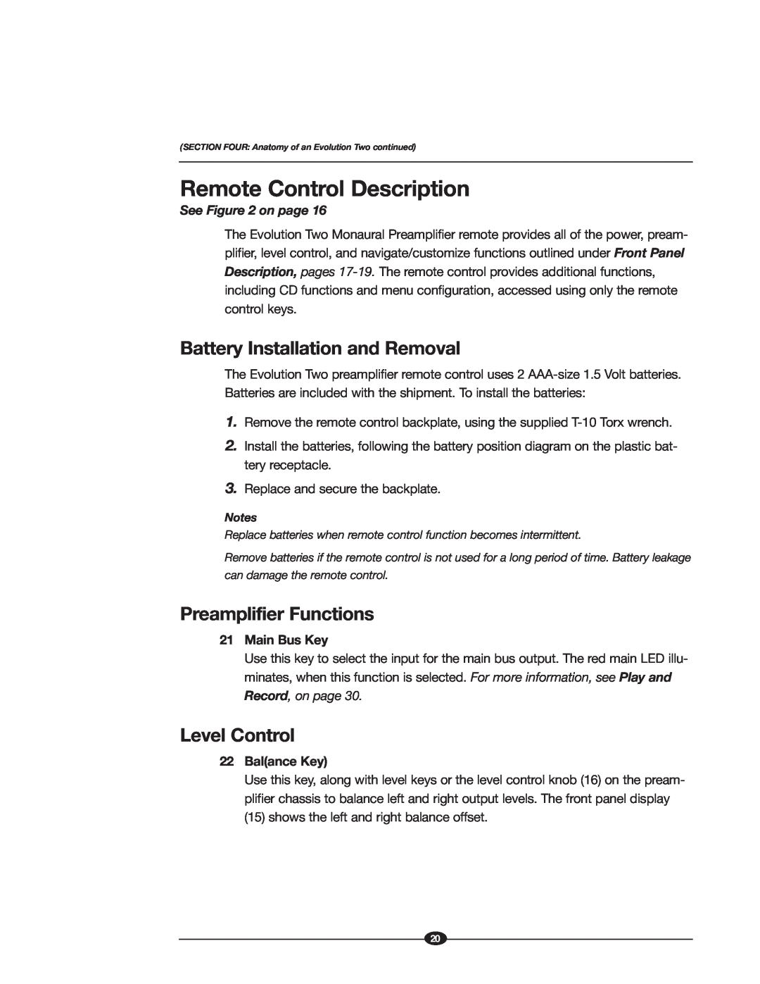 Krell Industries EVOLUTION TWO MONAURAL PREAMPLIFIER manual Remote Control Description, Battery Installation and Removal 