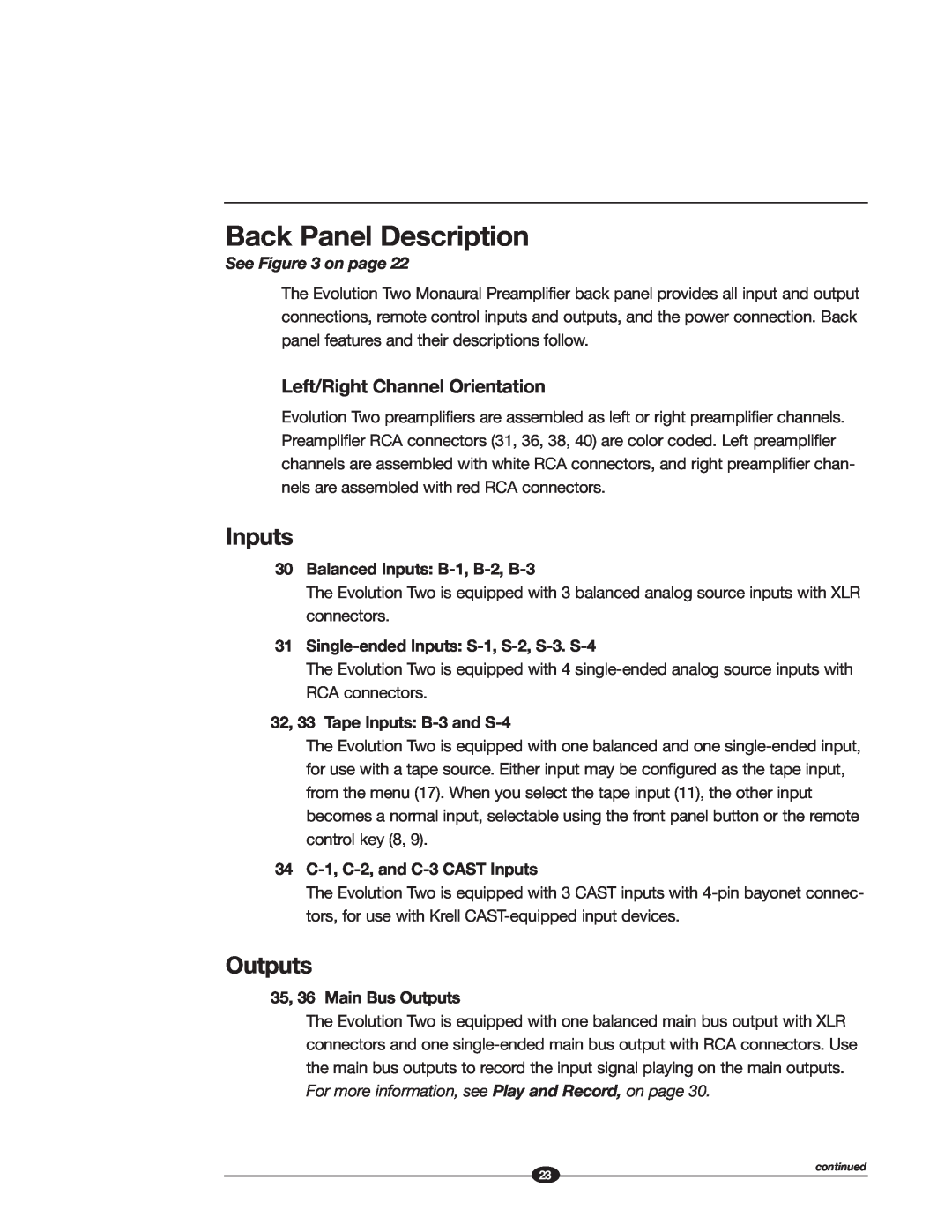 Krell Industries EVOLUTION TWO MONAURAL PREAMPLIFIER manual Back Panel Description, Inputs, Outputs 