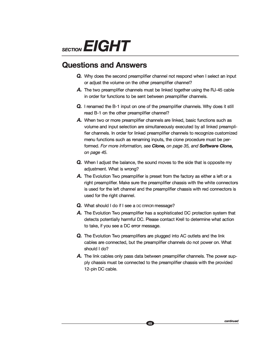 Krell Industries EVOLUTION TWO MONAURAL PREAMPLIFIER manual Questions and Answers, Section Eight 