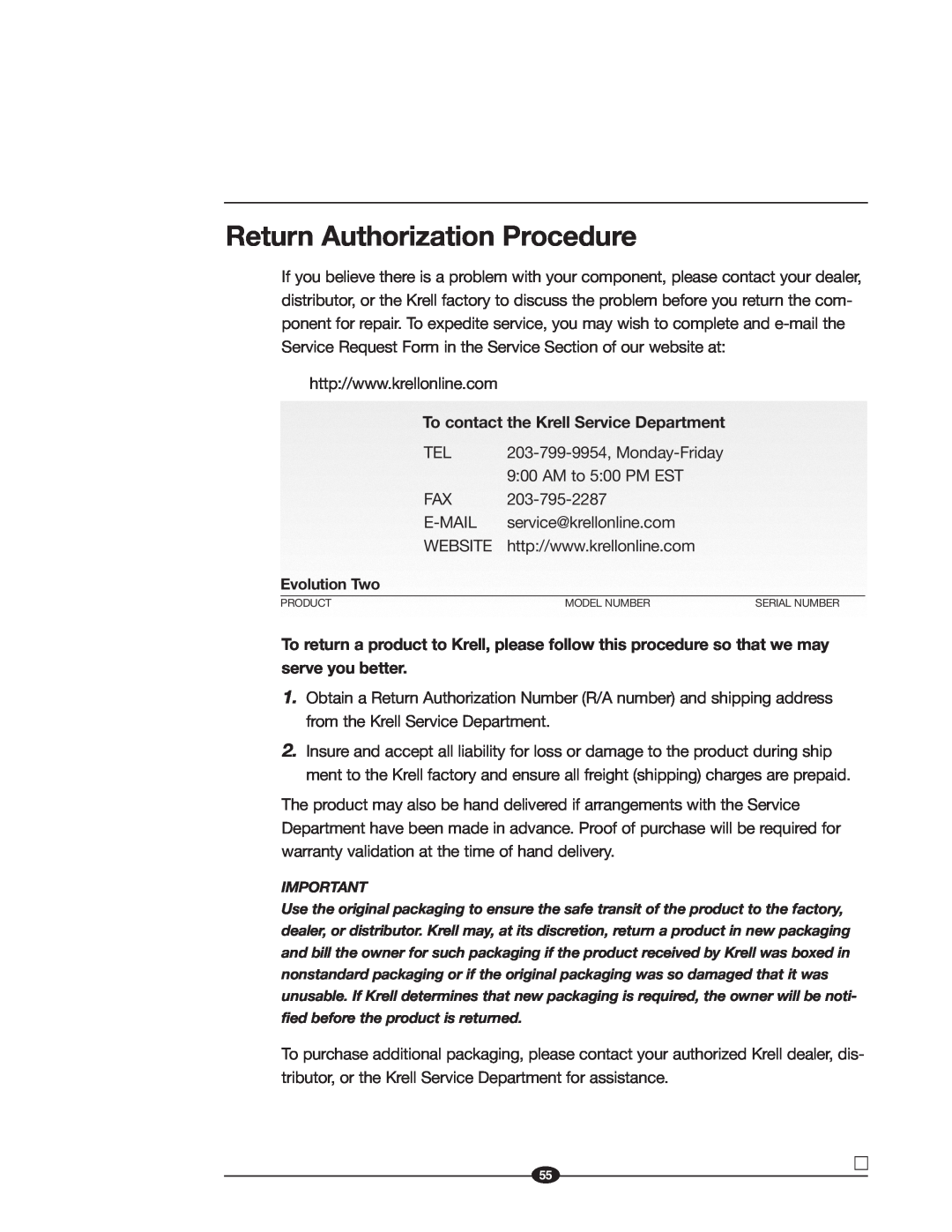 Krell Industries EVOLUTION TWO MONAURAL PREAMPLIFIER manual Return Authorization Procedure 