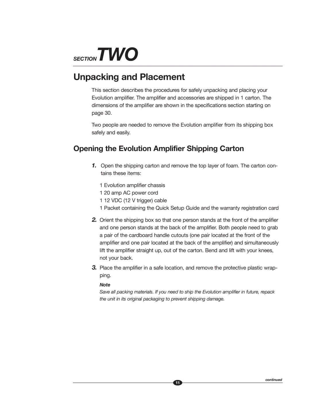 Krell Industries manual Unpacking and Placement, Opening the Evolution Amplifier Shipping Carton 