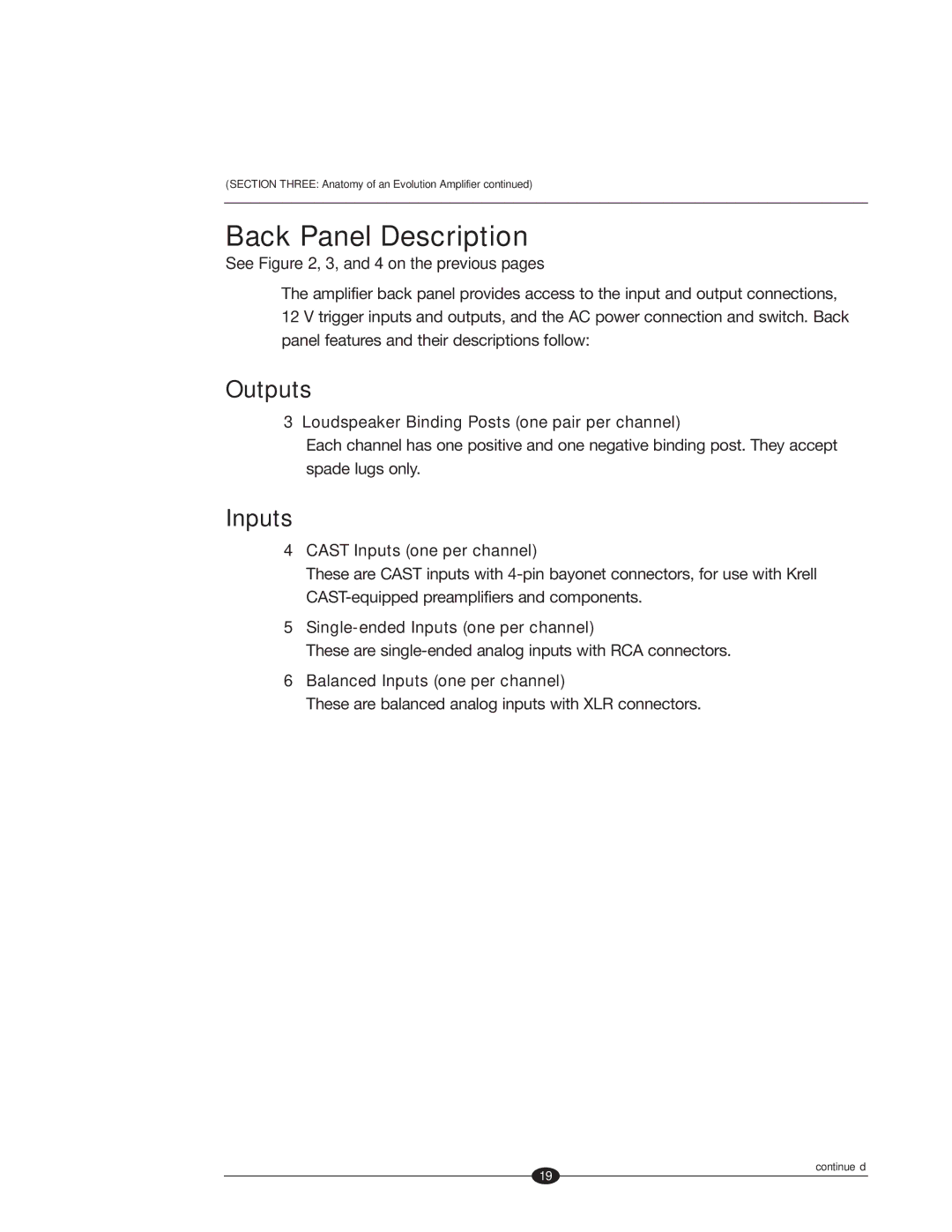 Krell Industries Evolution manual Back Panel Description, Outputs, Inputs 