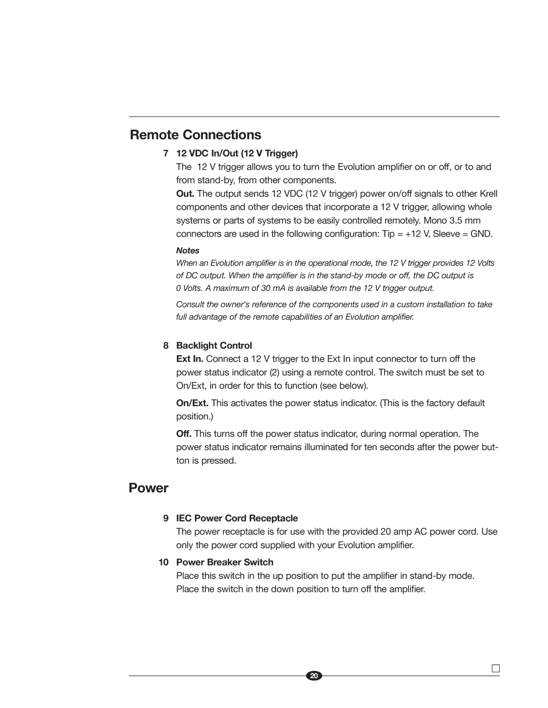 Krell Industries Evolution manual Remote Connections, VDC In/Out 12 V Trigger, Backlight Control, IEC Power Cord Receptacle 