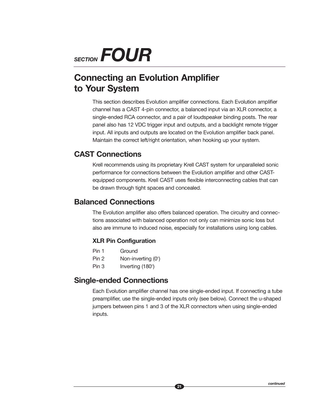 Krell Industries manual Connecting an Evolution Amplifier to Your System, Cast Connections, Balanced Connections 