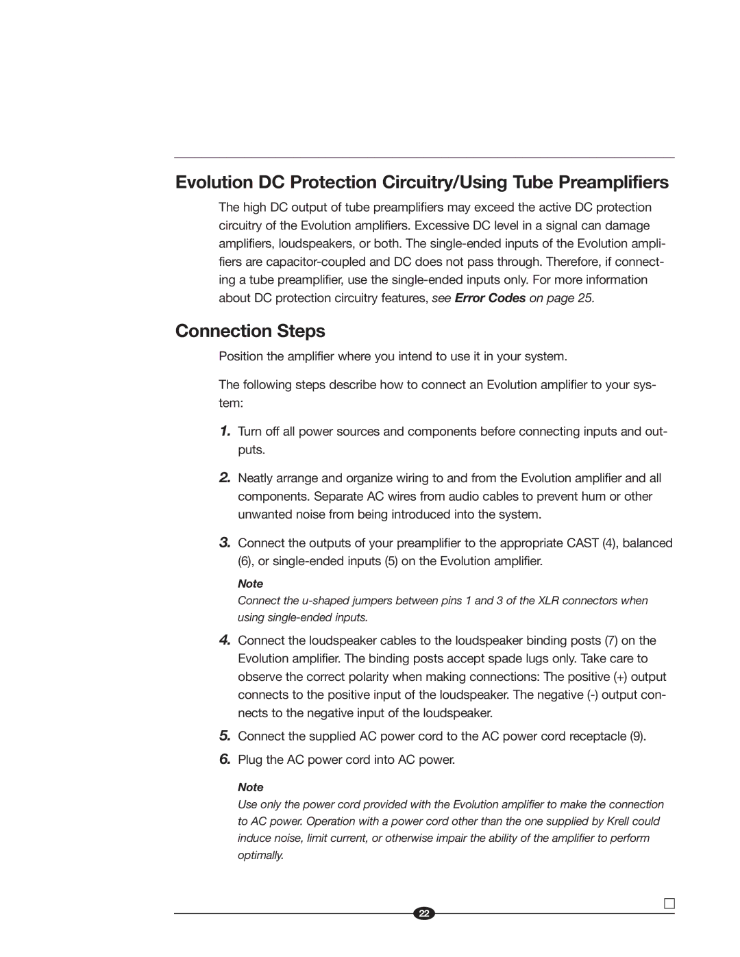 Krell Industries manual Evolution DC Protection Circuitry/Using Tube Preamplifiers, Connection Steps 