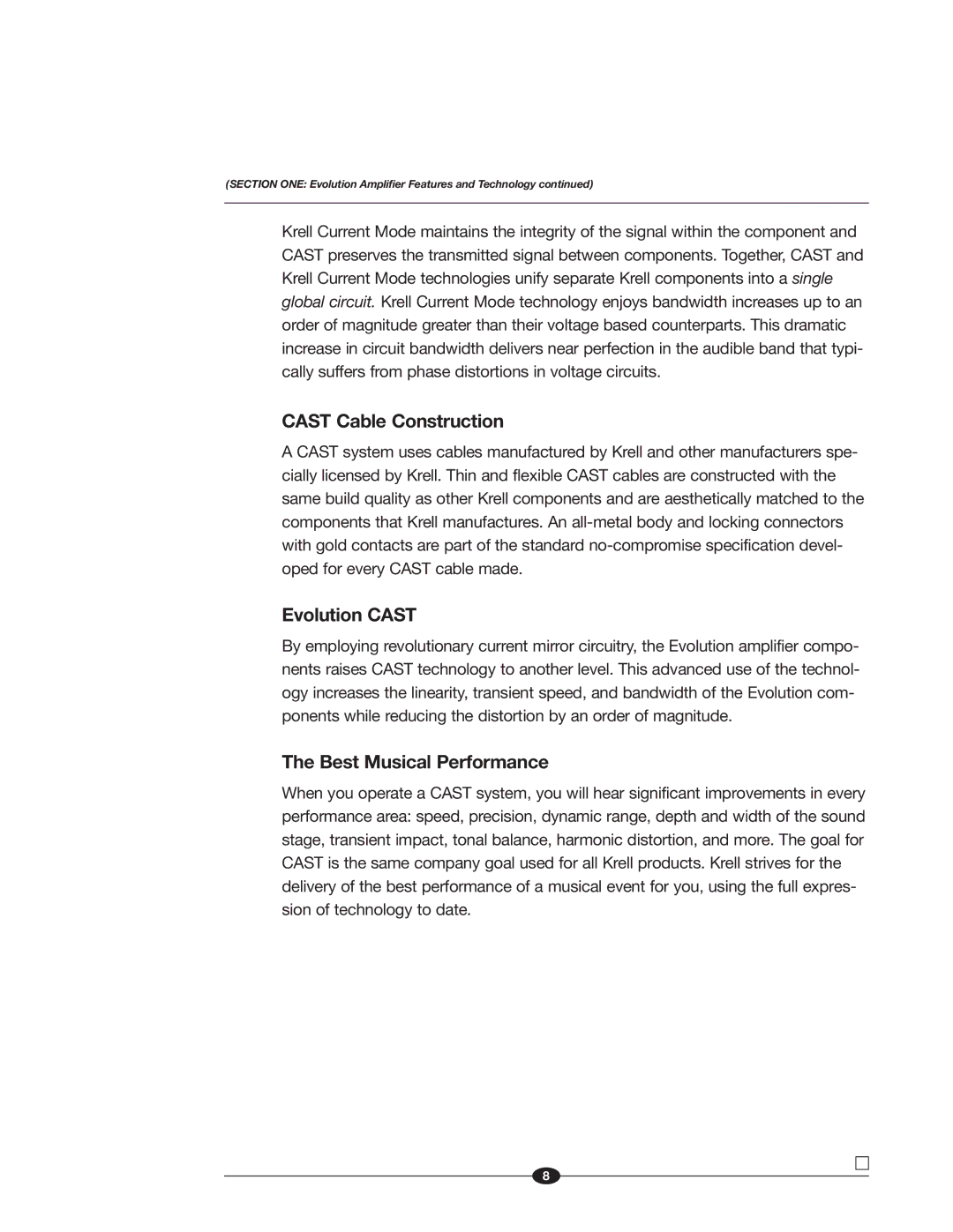 Krell Industries manual Cast Cable Construction, Evolution Cast, Best Musical Performance 