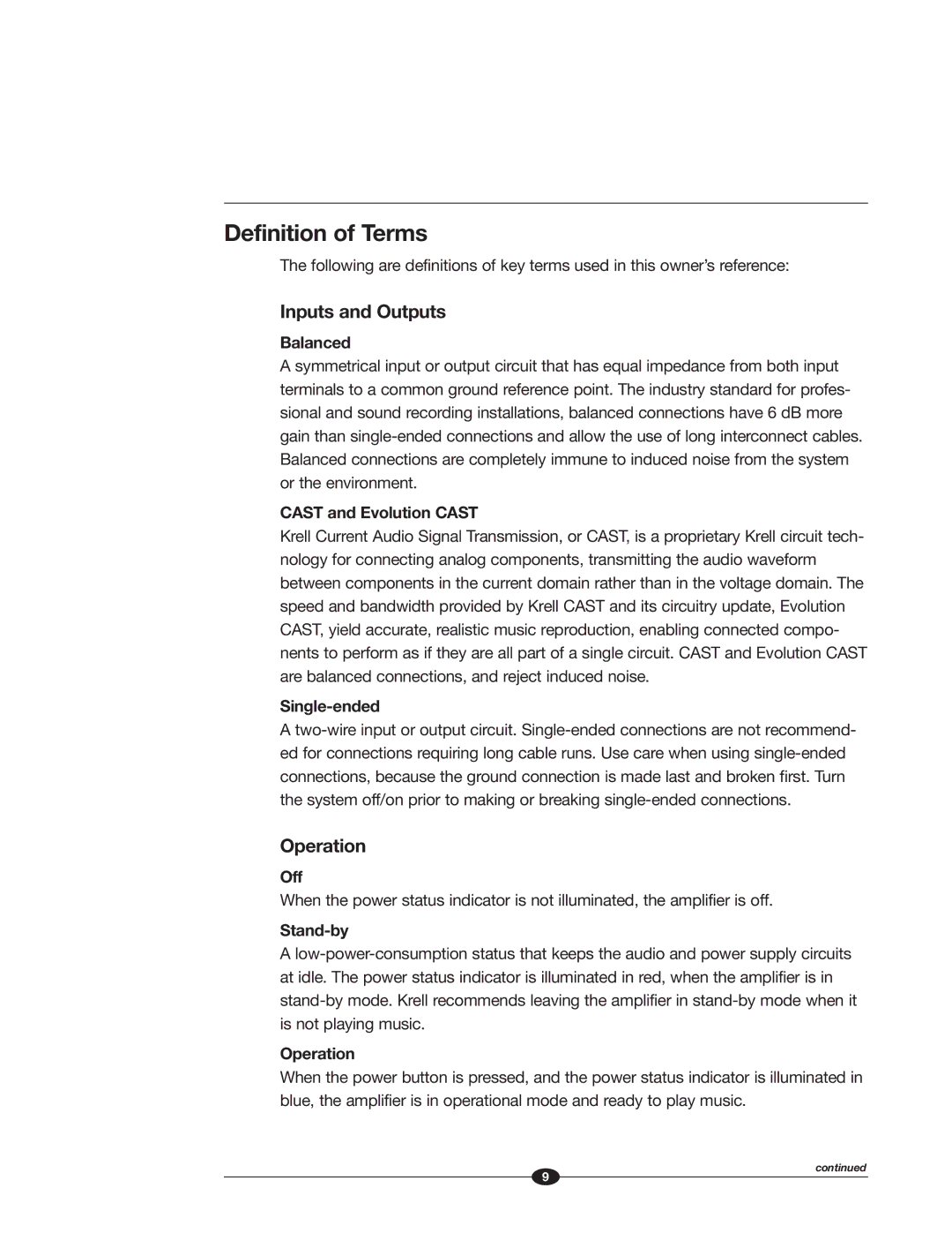 Krell Industries Evolution manual Definition of Terms, Inputs and Outputs, Operation 