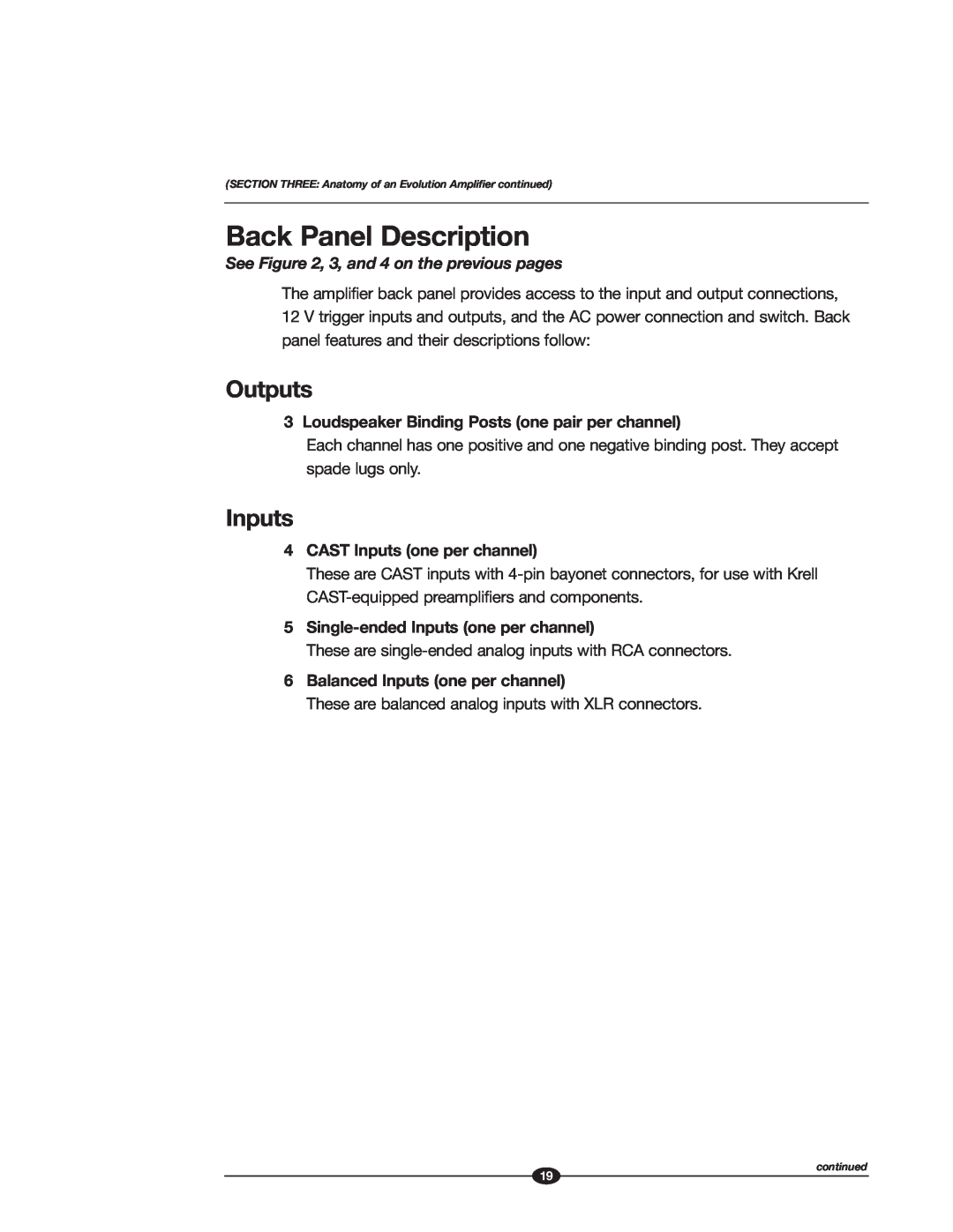 Krell Industries Evolution manual Back Panel Description, Outputs, Inputs, Loudspeaker Binding Posts one pair per channel 
