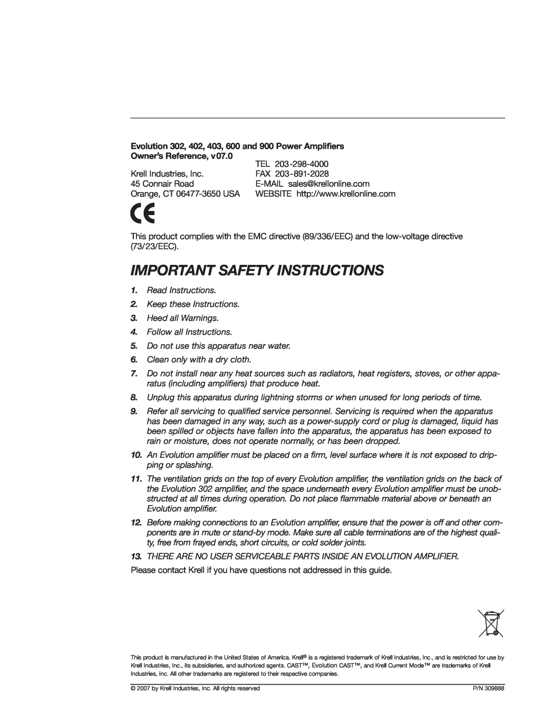 Krell Industries Evolution manual Important Safety Instructions, Owner’s Reference 