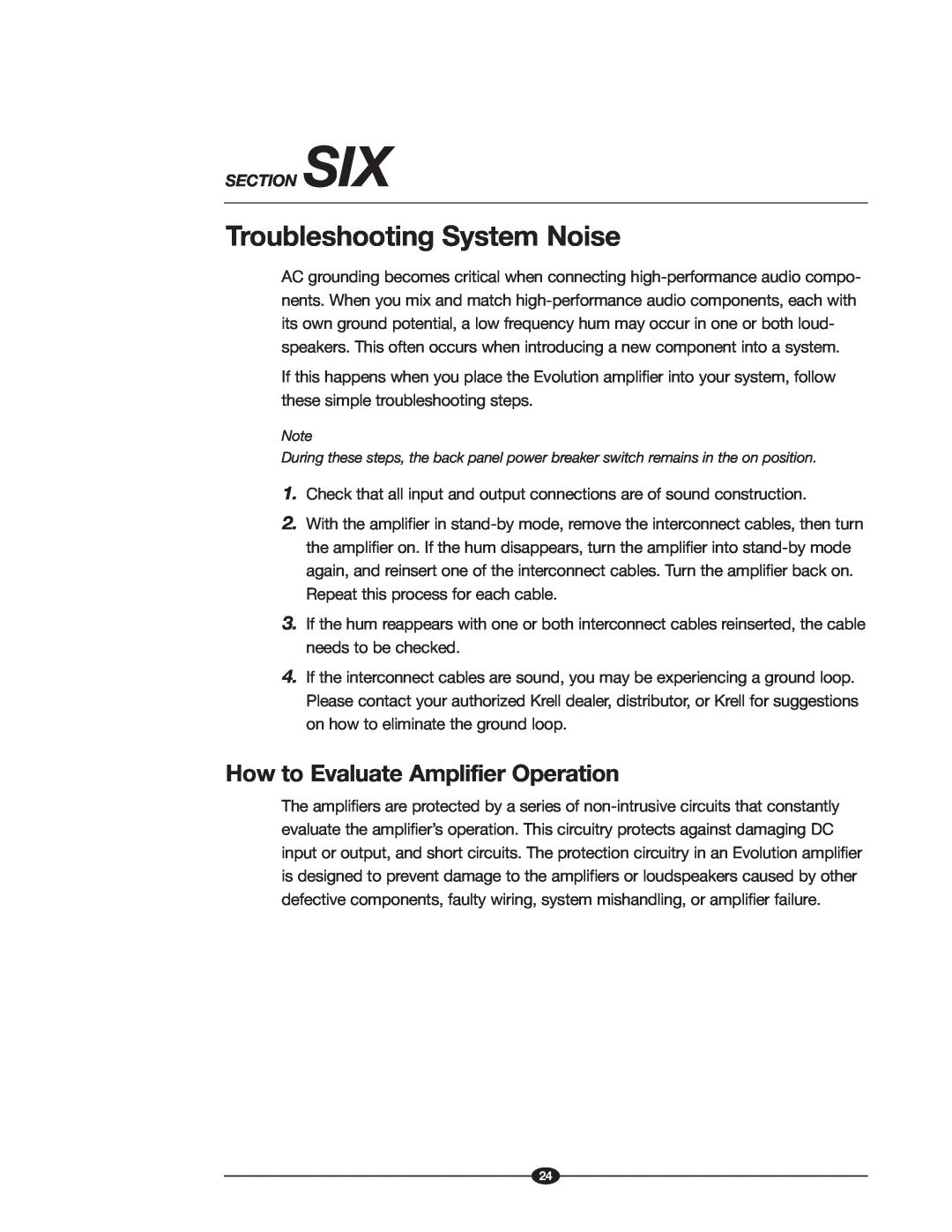 Krell Industries Evolution manual Troubleshooting System Noise, How to Evaluate Amplifier Operation 