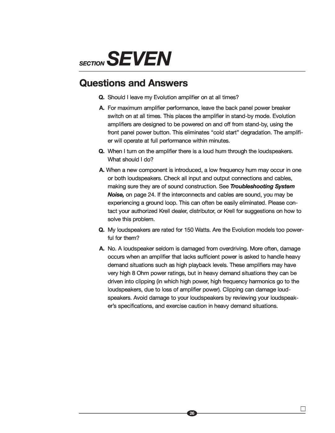 Krell Industries Evolution manual Questions and Answers, Section Seven 
