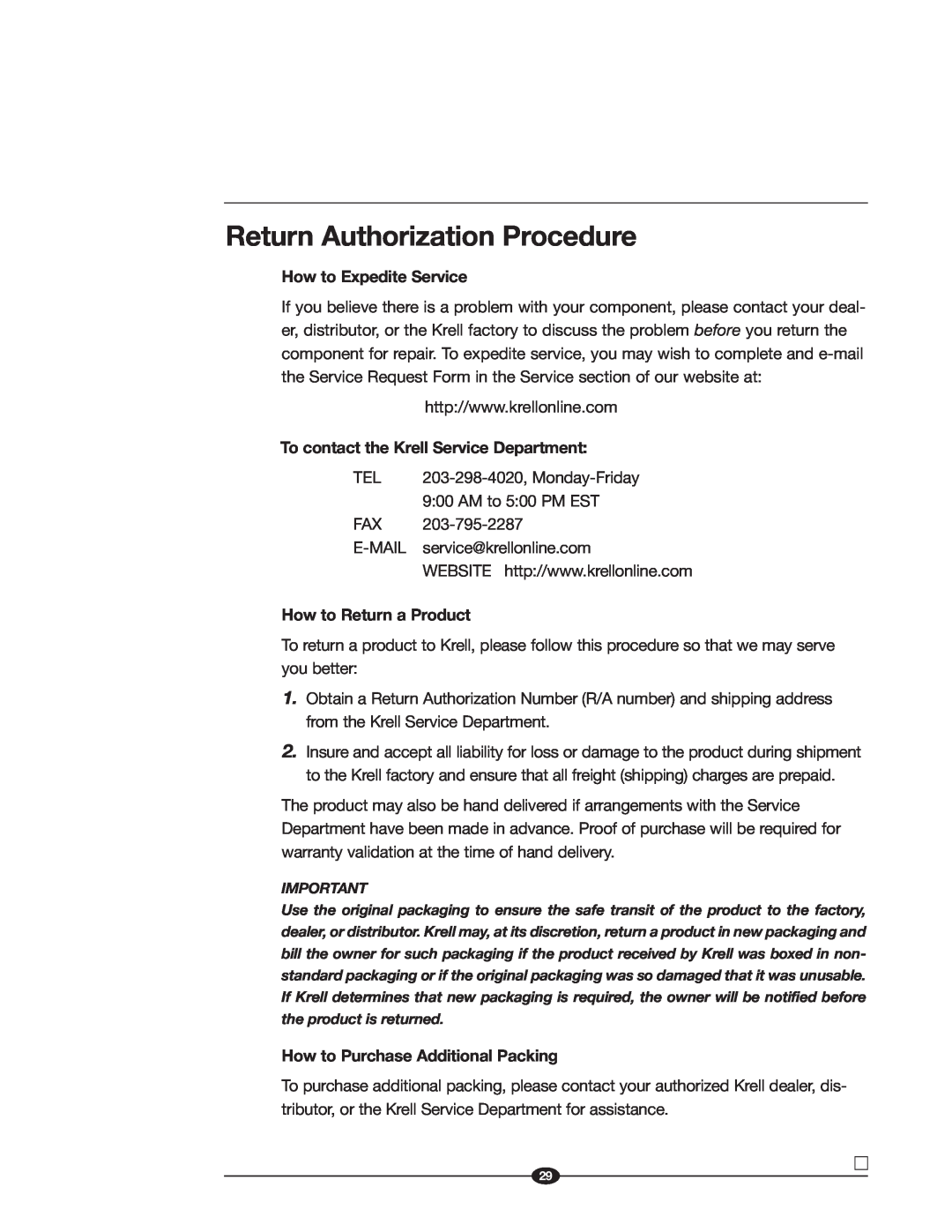 Krell Industries Evolution manual Return Authorization Procedure, How to Expedite Service, How to Return a Product 