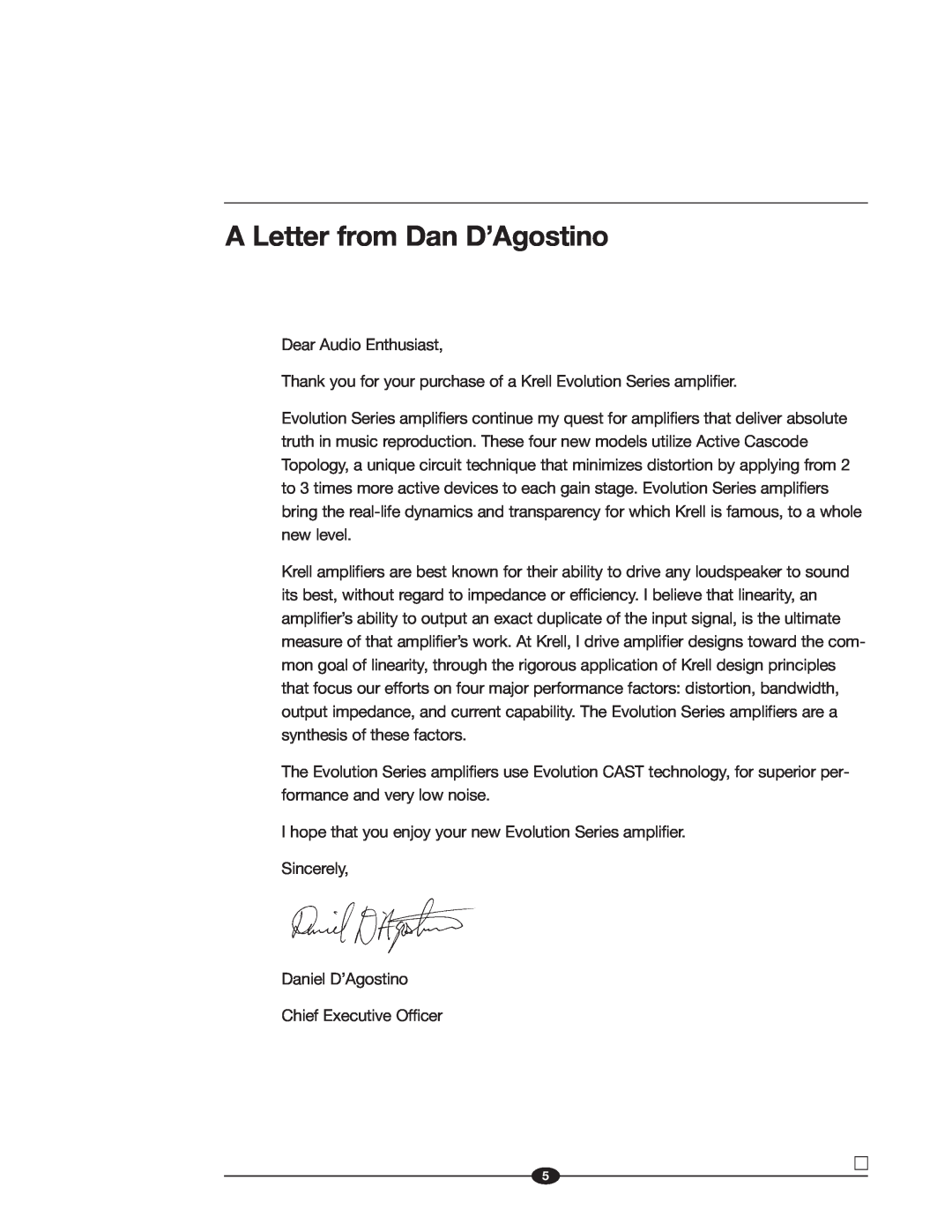 Krell Industries Evolution manual A Letter from Dan D’Agostino 