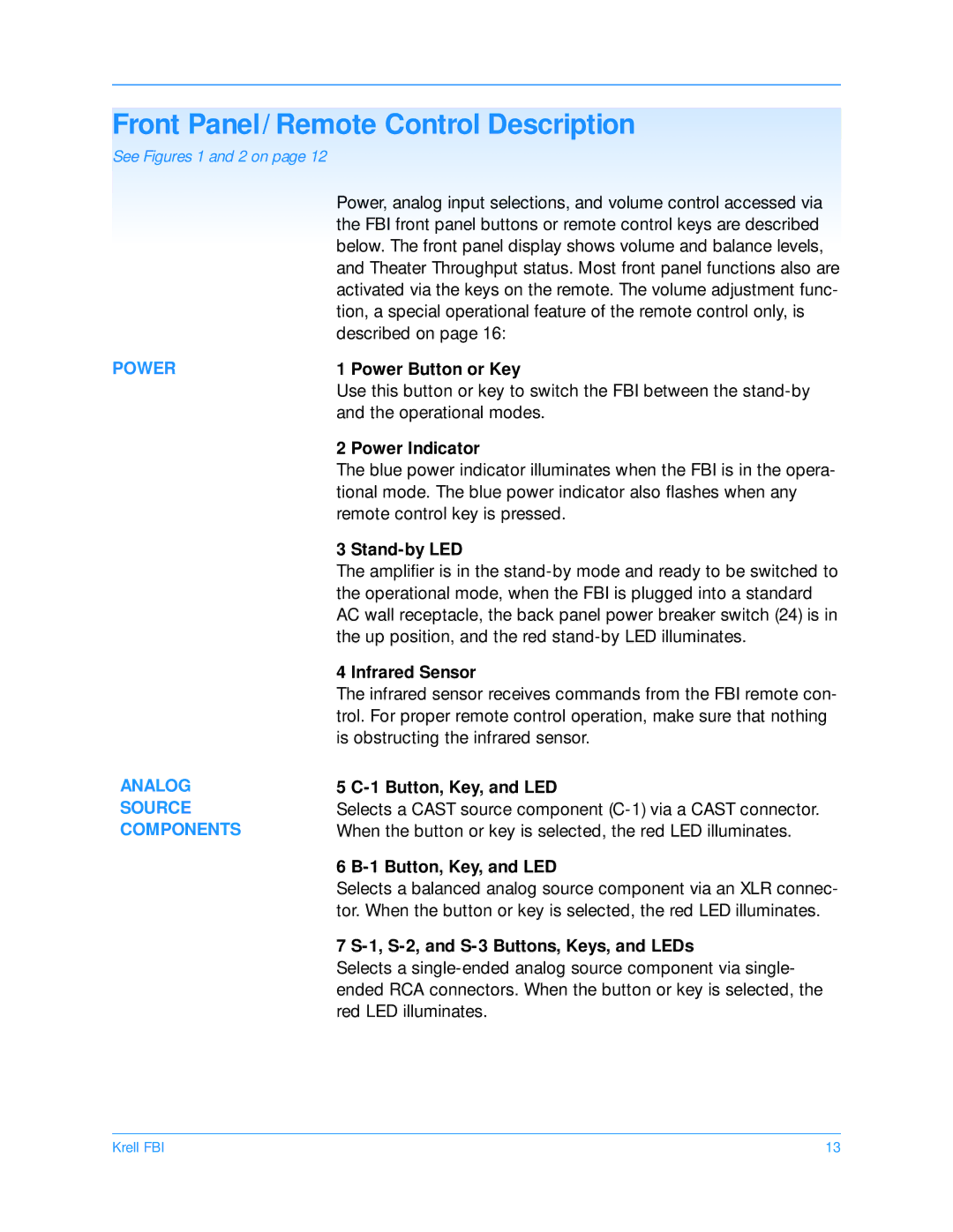 Krell Industries FBI manual Front Panel/Remote Control Description, Power, Analog, Source, Components 