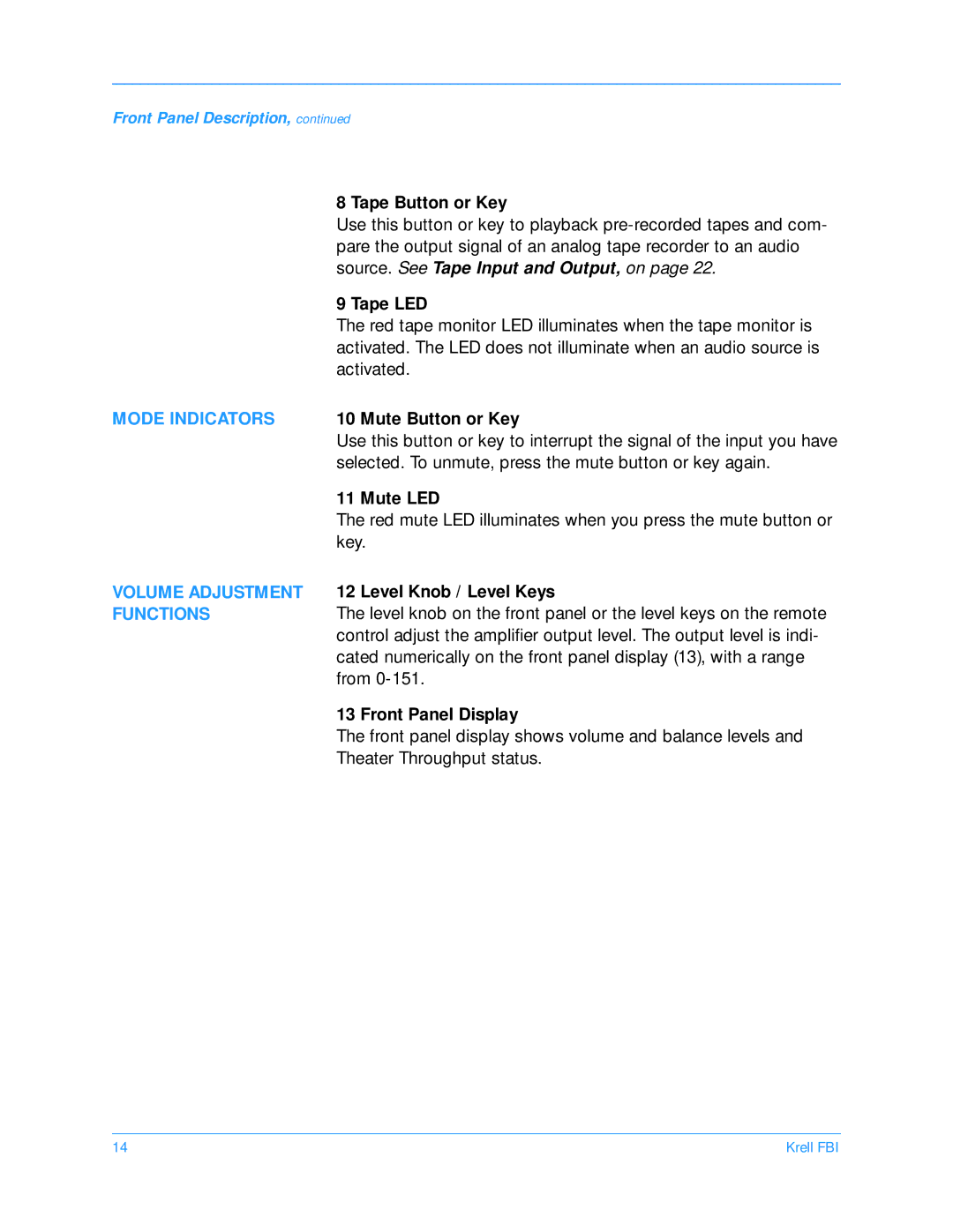 Krell Industries FBI manual Mode Indicators 