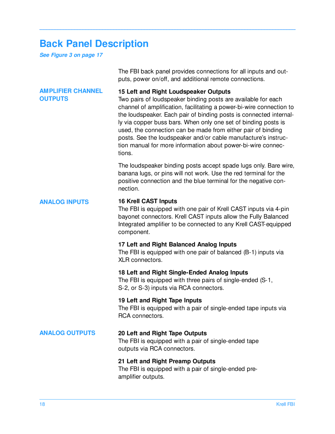 Krell Industries FBI manual Back Panel Description, Amplifier Channel Outputs Analog Inputs Analog Outputs 