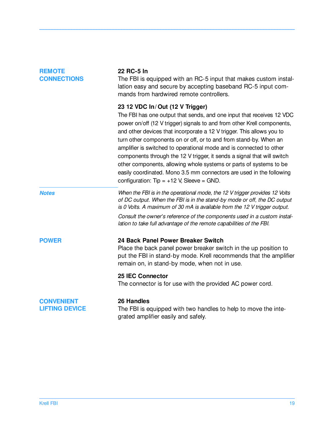 Krell Industries FBI manual Remote, Connections, Power Convenient Lifting Device 