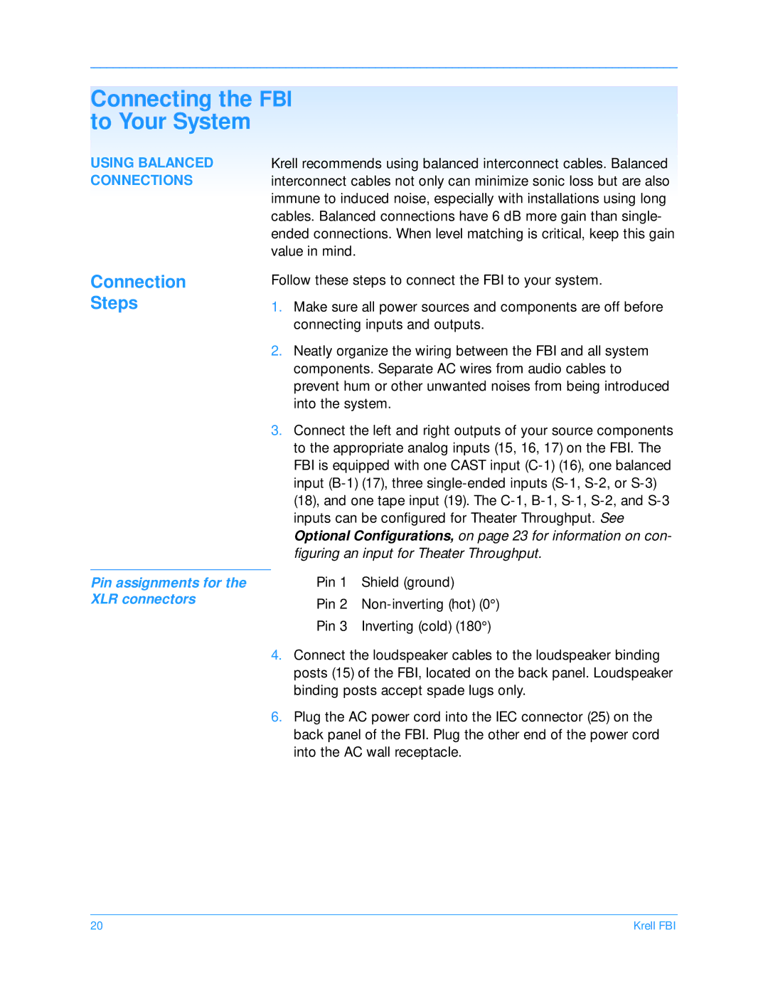 Krell Industries manual Connecting the FBI To Your System, Connection Steps, Using Balanced 