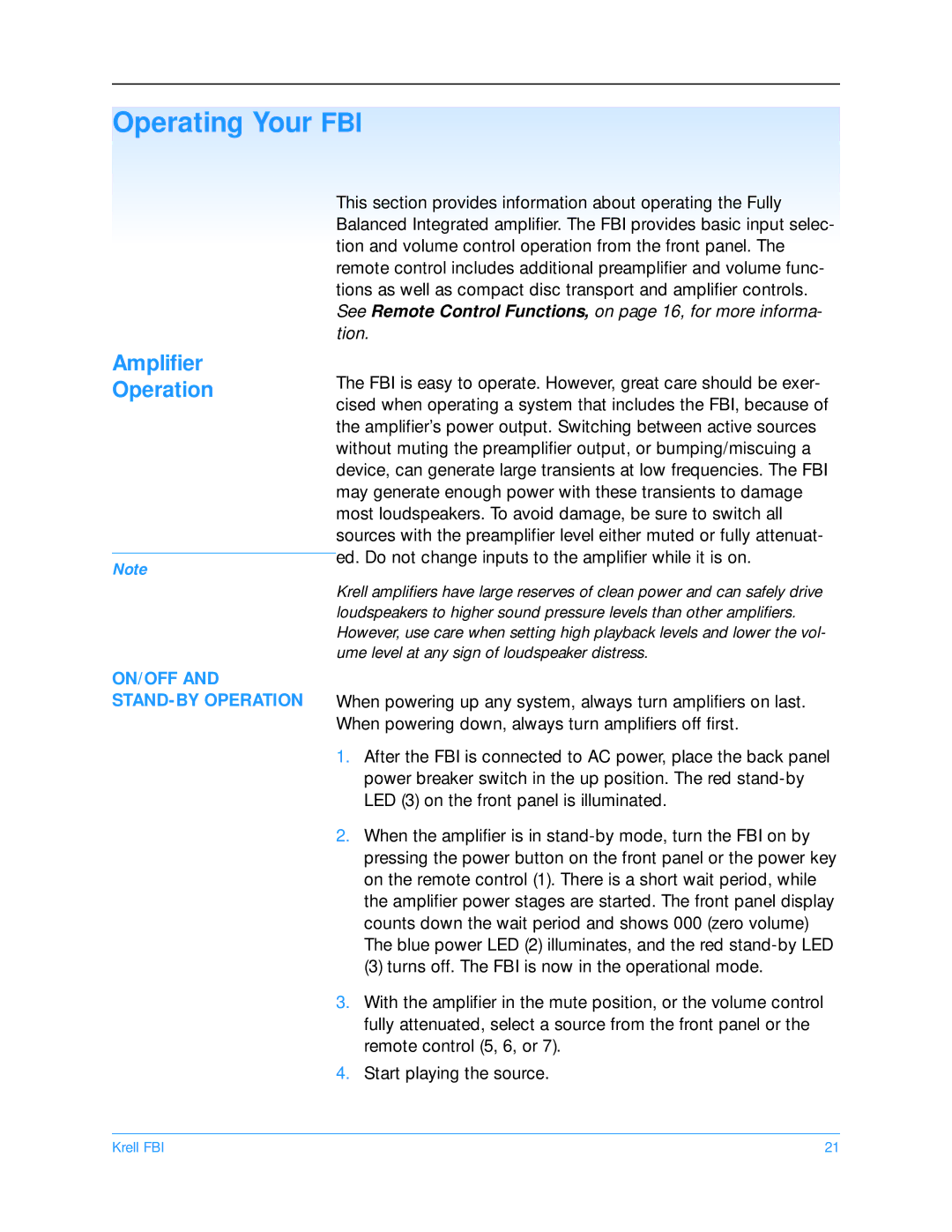 Krell Industries manual Operating Your FBI, Amplifier Operation 