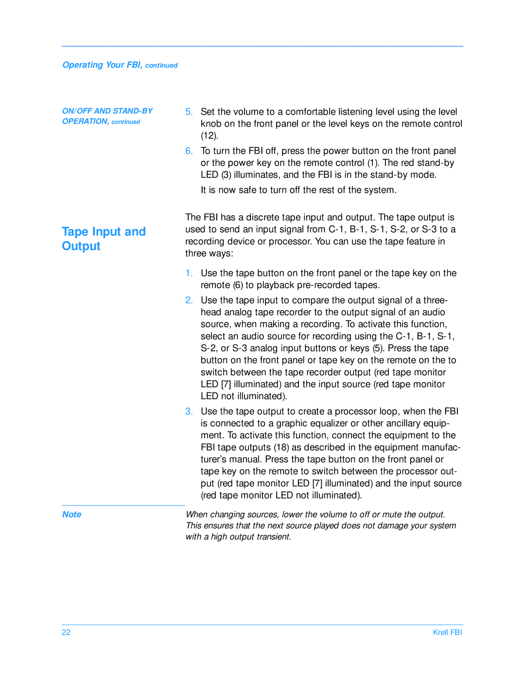 Krell Industries FBI manual Tape Input Output 