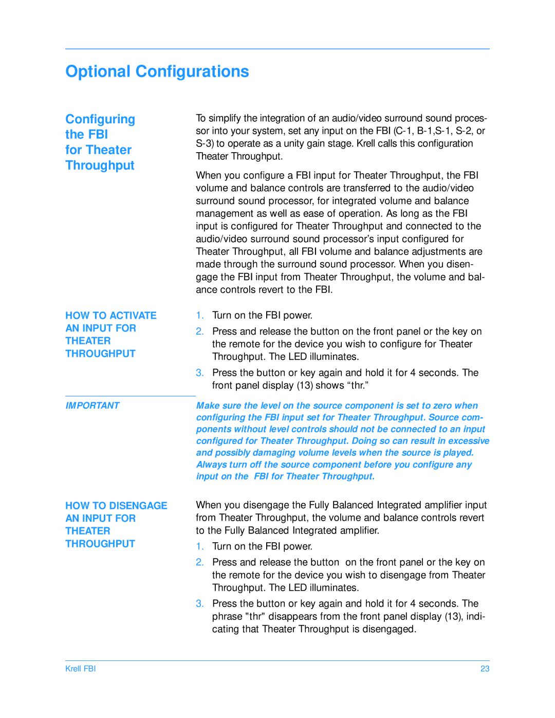 Krell Industries FBI manual Optional Configurations, HOW to Activate AN Input for Theater Throughput 