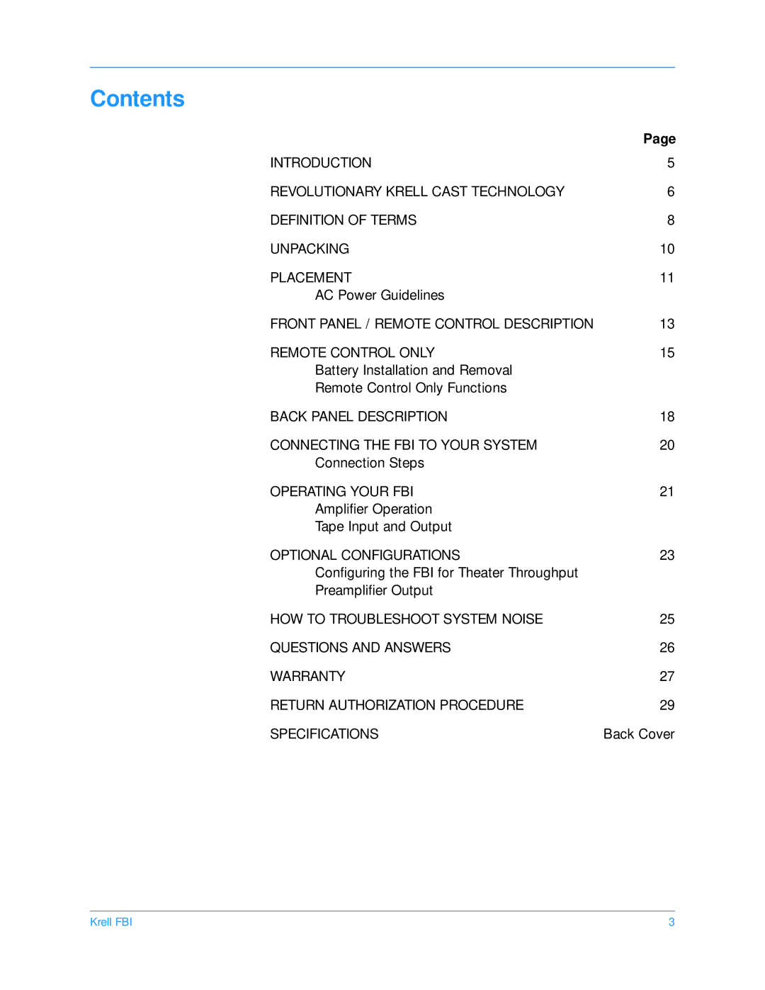 Krell Industries FBI manual Contents 