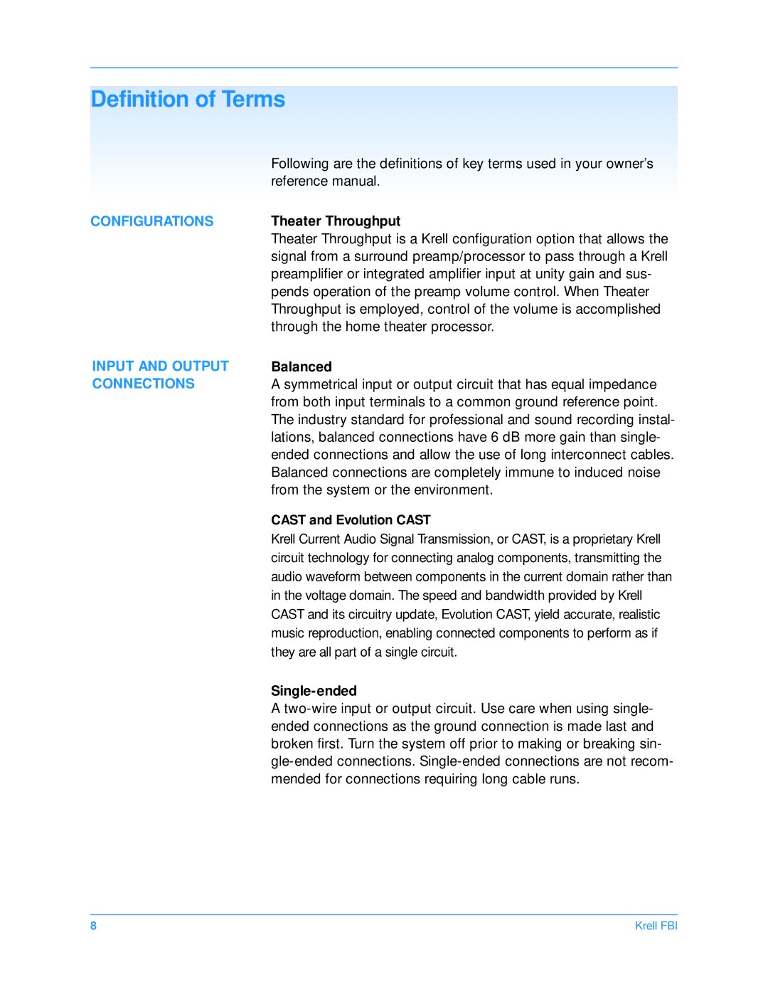 Krell Industries FBI manual Definition of Terms, Configurations, Input and Output Connections 