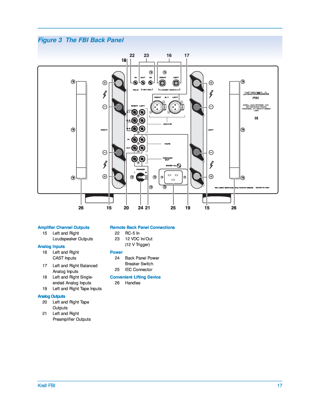 Krell Industries manual The FBI Back Panel, Krell FBI, Amplifier Channel Outputs, Analog Inputs, Analog Outputs, Power 
