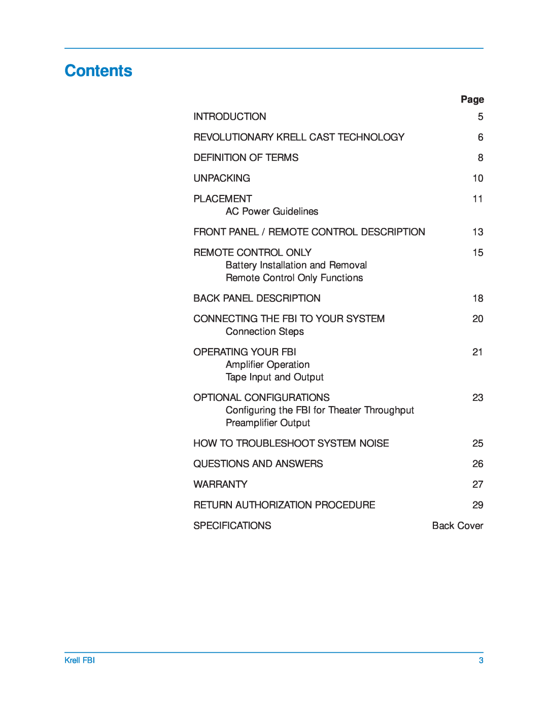 Krell Industries FBI manual Contents, Page 
