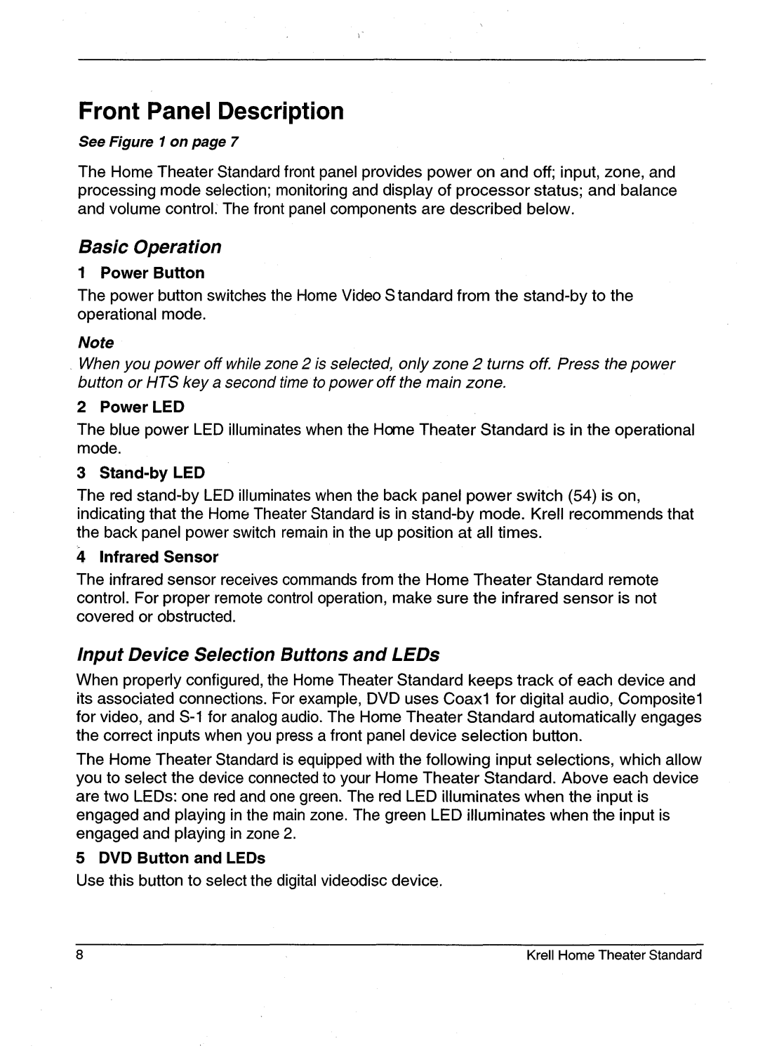 Krell Industries HTS 2 manual Power Button, Power LED, Stand-by LED, Infrared Sensor, DVD Button and LEDs 