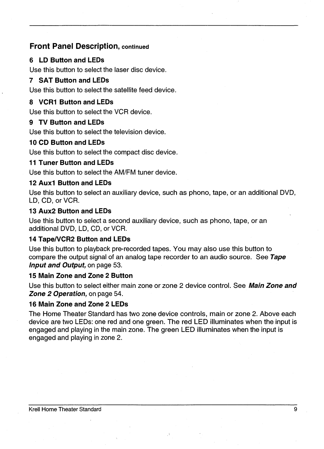 Krell Industries HTS 2 manual LD Button and LEDs, SAT Button and LEDs, VCR1 Button and LEDs, TV Button and LEDs 