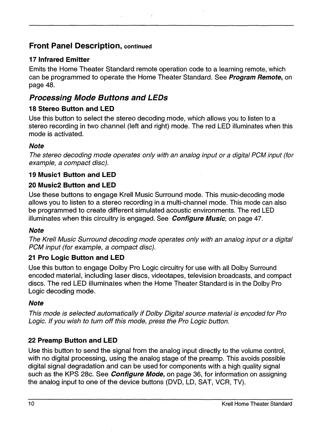 Krell Industries HTS 2 manual Front Panel Description Infrared Emitter, Stereo Button and LED, Pro Logic Button and LED 