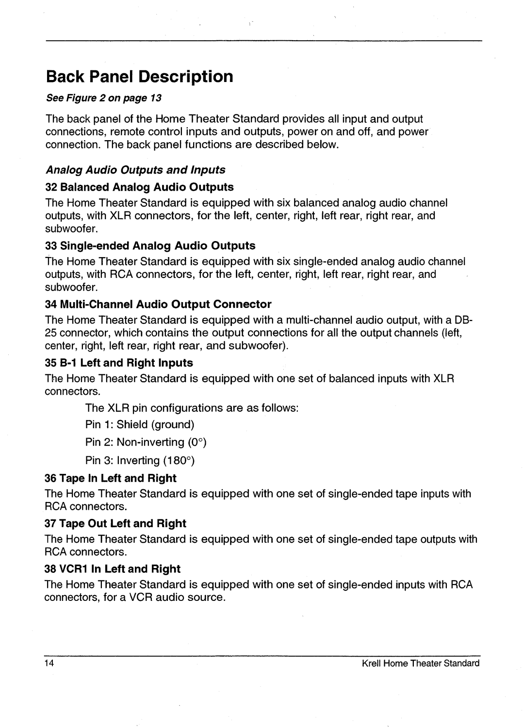 Krell Industries HTS 2 manual BackPanel Description 