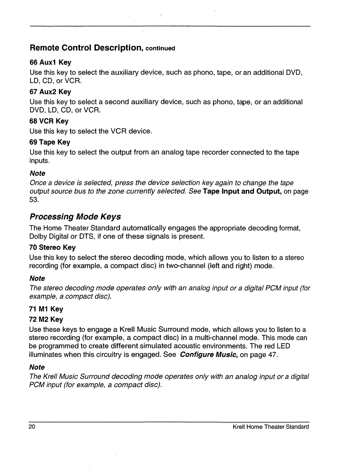 Krell Industries HTS 2 manual Remote Control Description, Tape Key, Stereo Key 