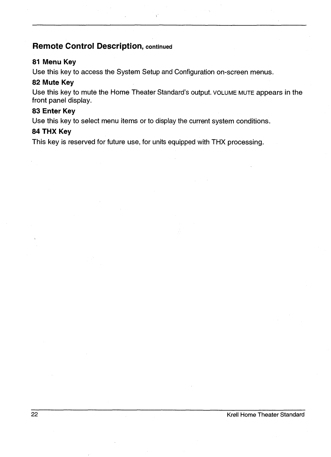 Krell Industries HTS 2 manual RemoteControl Description MenuKey, Mute Key, Enter Key 