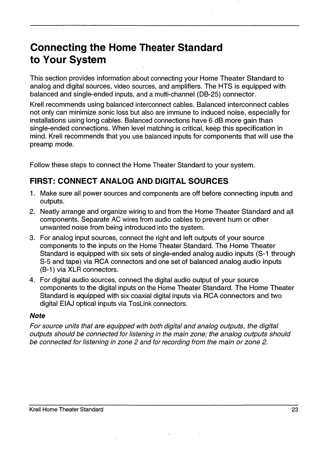 Krell Industries HTS 2 manual Connectingthe HomeTheater Standard to Your System, First Connect Analog and Digital Sources 