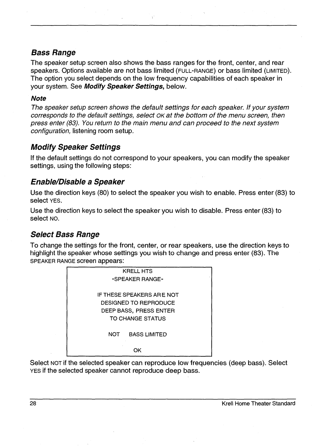 Krell Industries HTS 2 manual Bass Range 