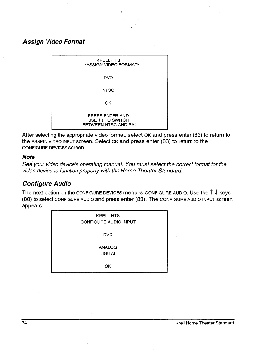 Krell Industries HTS 2 manual Assign Video Format, Configure Audio 