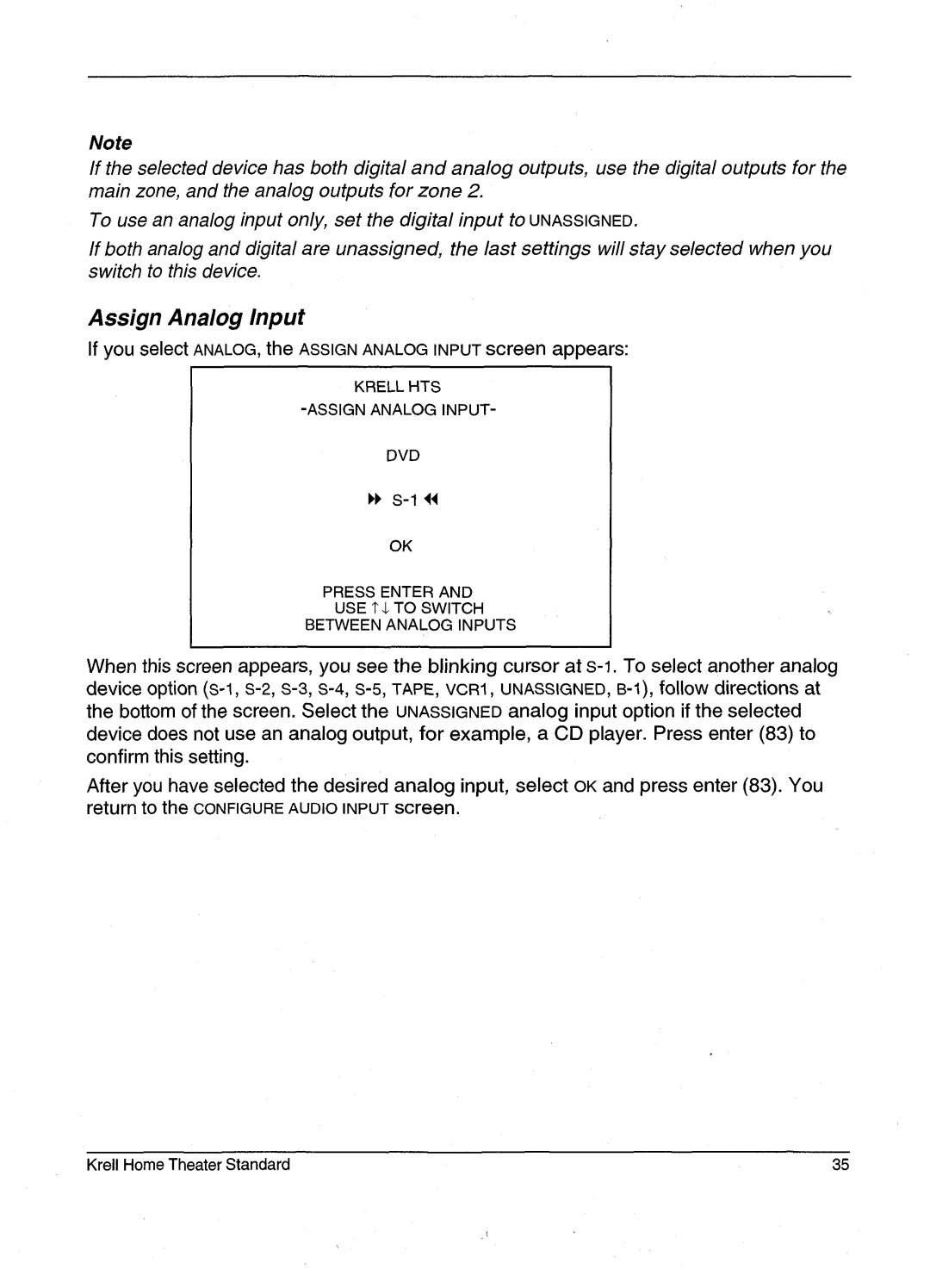 Krell Industries HTS 2 manual Assign Analog Input 