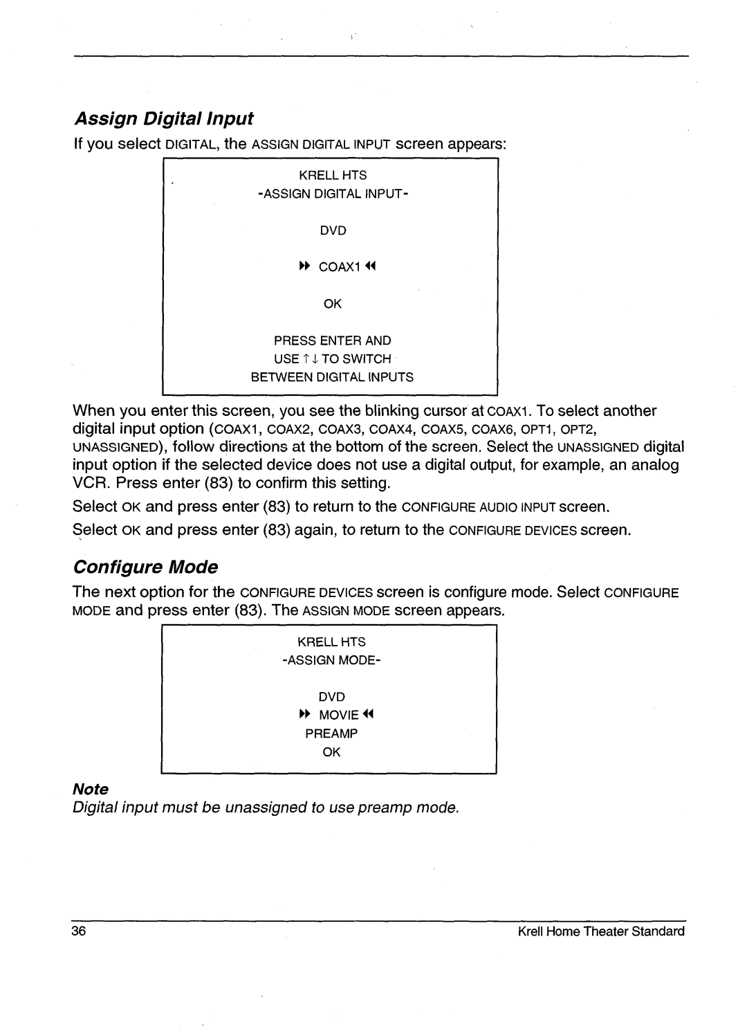 Krell Industries HTS 2 manual Assign Digital Input, If youselectDIGITAL,the ASSIGNDIGITALINPUTscreenappears, Configure Mode 