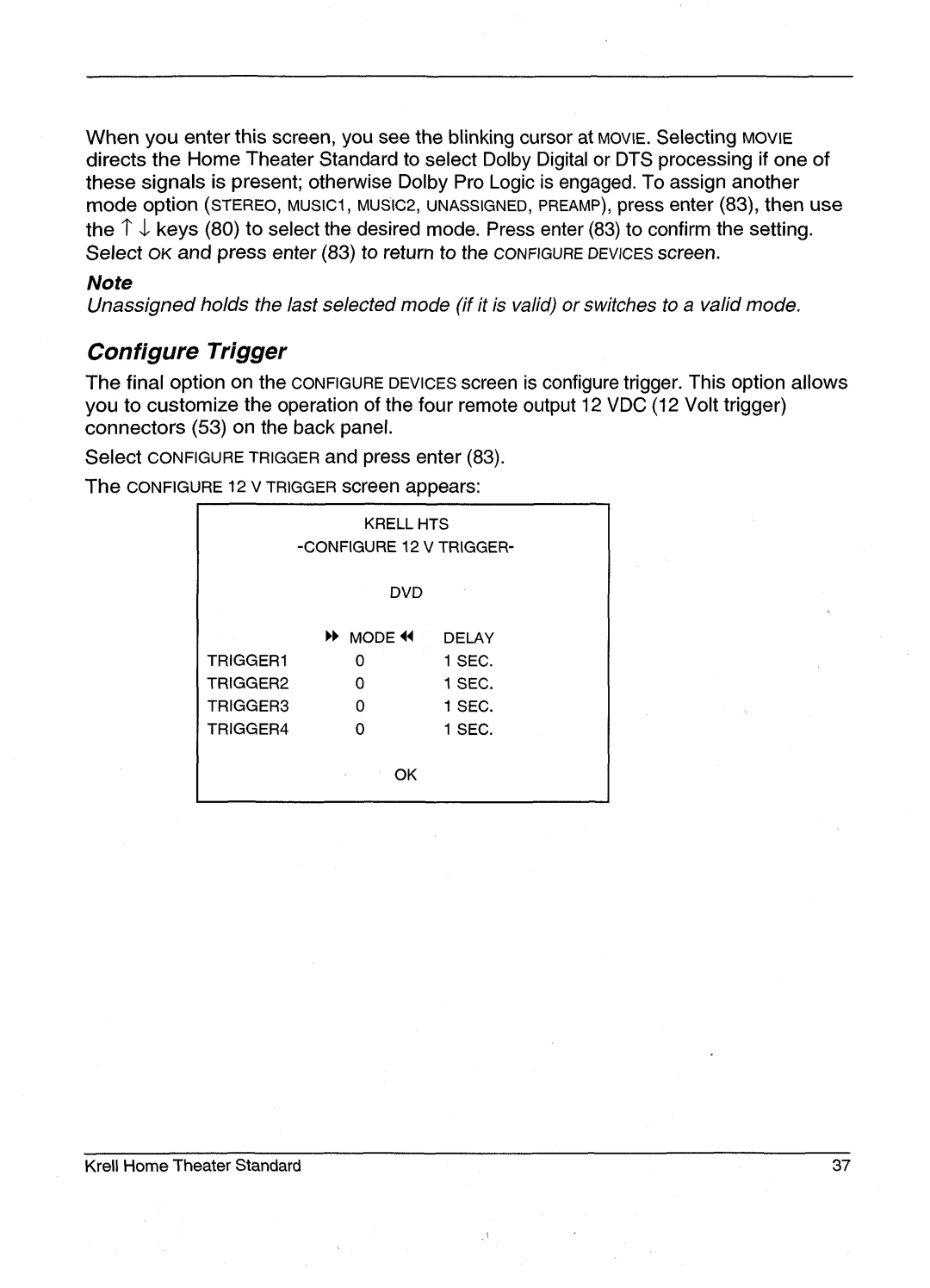 Krell Industries HTS 2 manual Configure Trigger 