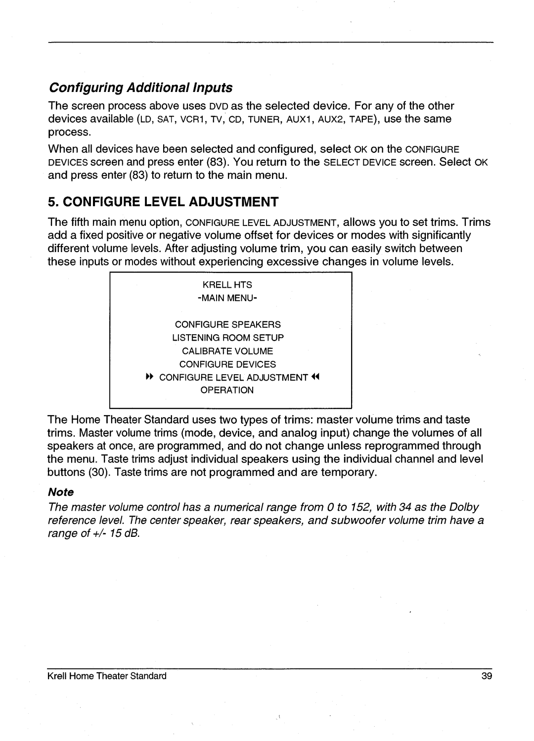 Krell Industries HTS 2 manual Configuring Additional Inputs, Configure Level Adjustment 