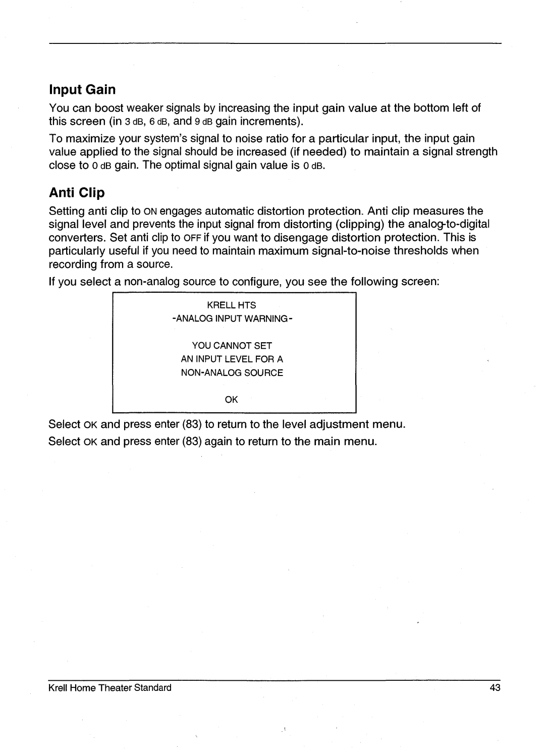 Krell Industries HTS 2 manual Input Gain, Anti Clip 