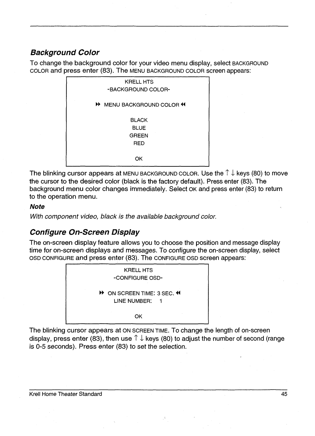 Krell Industries HTS 2 manual Background Color, Withcomponentvideo, black is the available backgroundcolor 