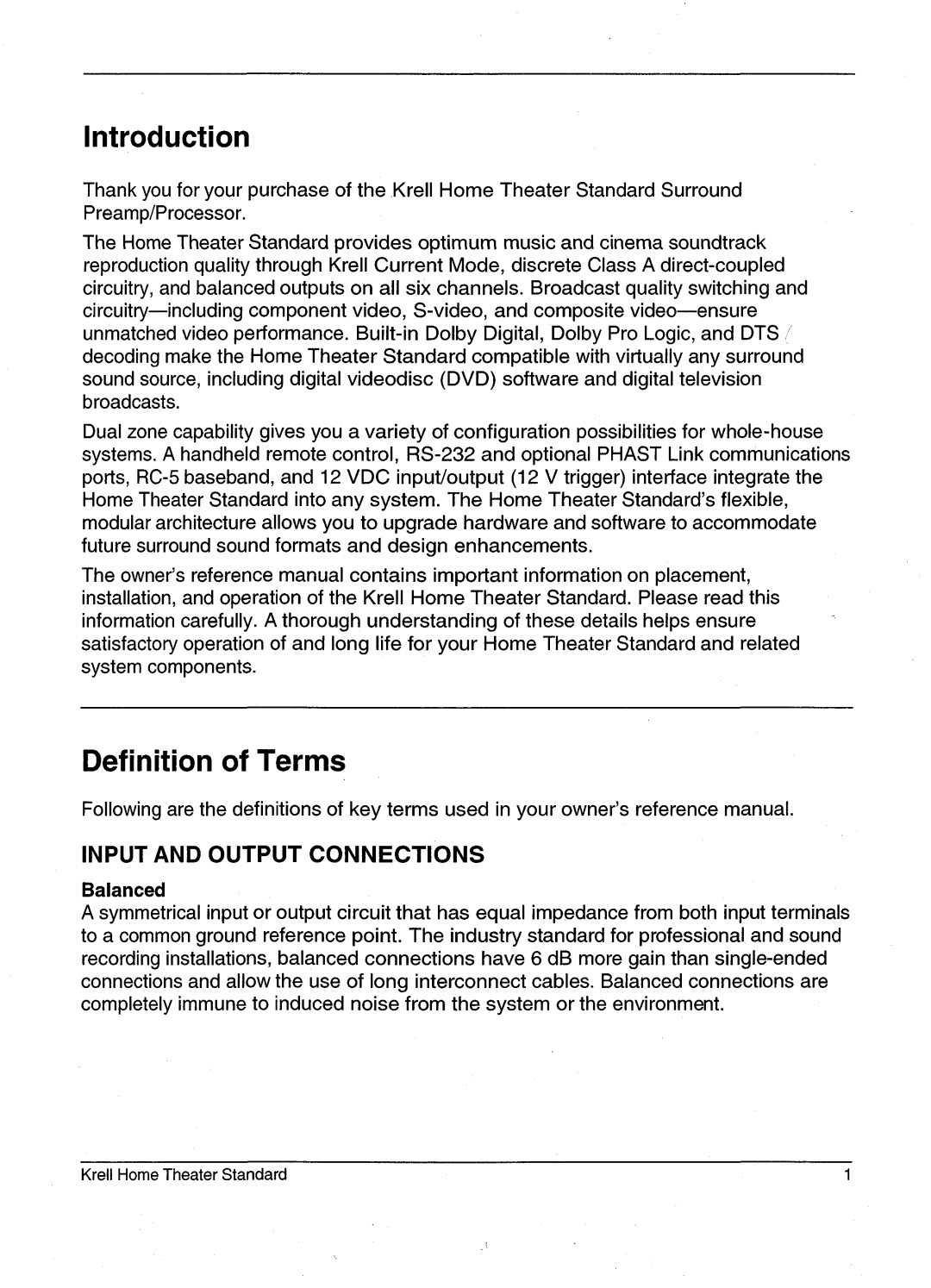 Krell Industries HTS 2 manual Introduction, Definition of Terms, Balanced 