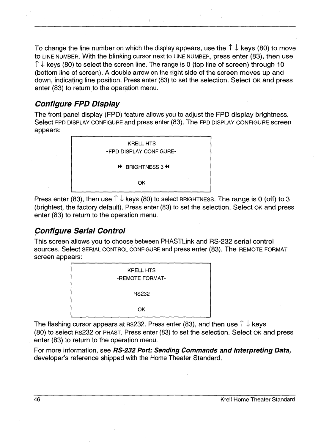 Krell Industries HTS 2 manual Configure FPD Display, Configure serial control 