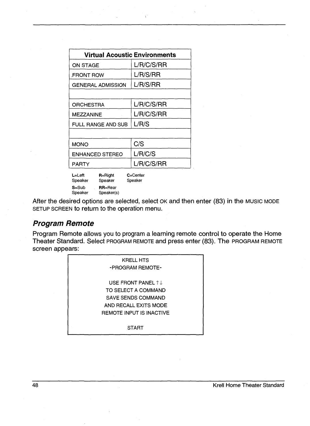 Krell Industries HTS 2 manual Virtual AcousticEnvironments, Program Remote, Screenappears 