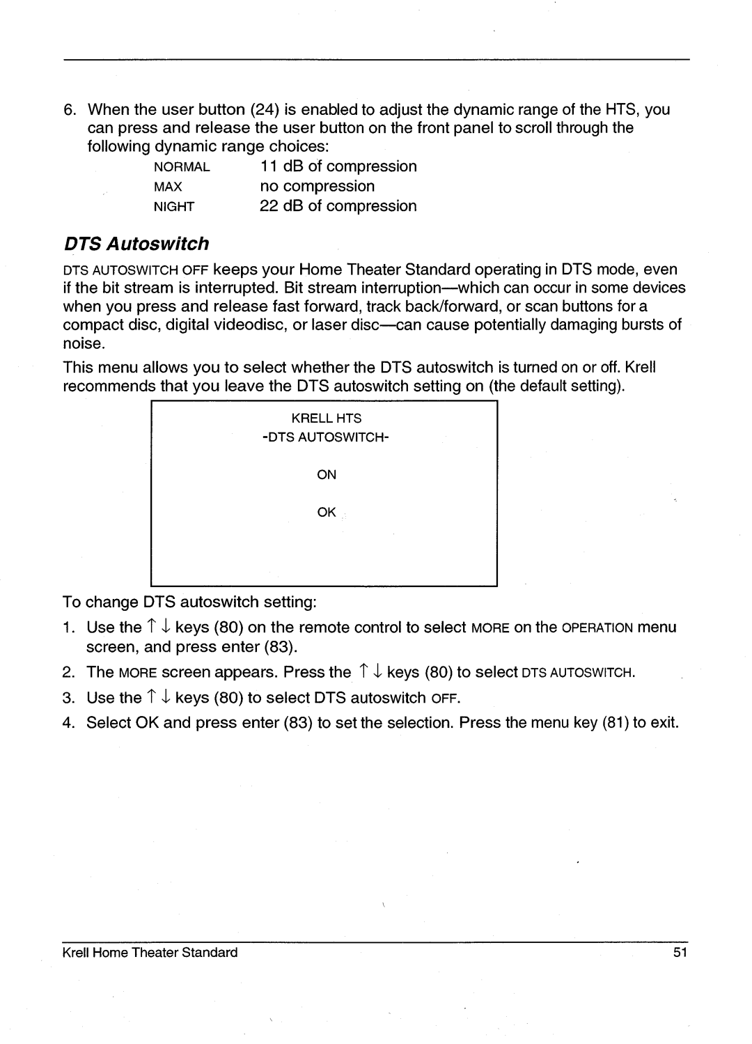 Krell Industries HTS 2 manual DTS a utoswitch 