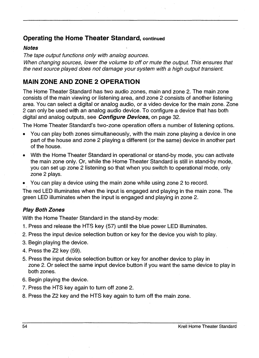 Krell Industries HTS 2 manual Main Zone and Zone 2 Operation 